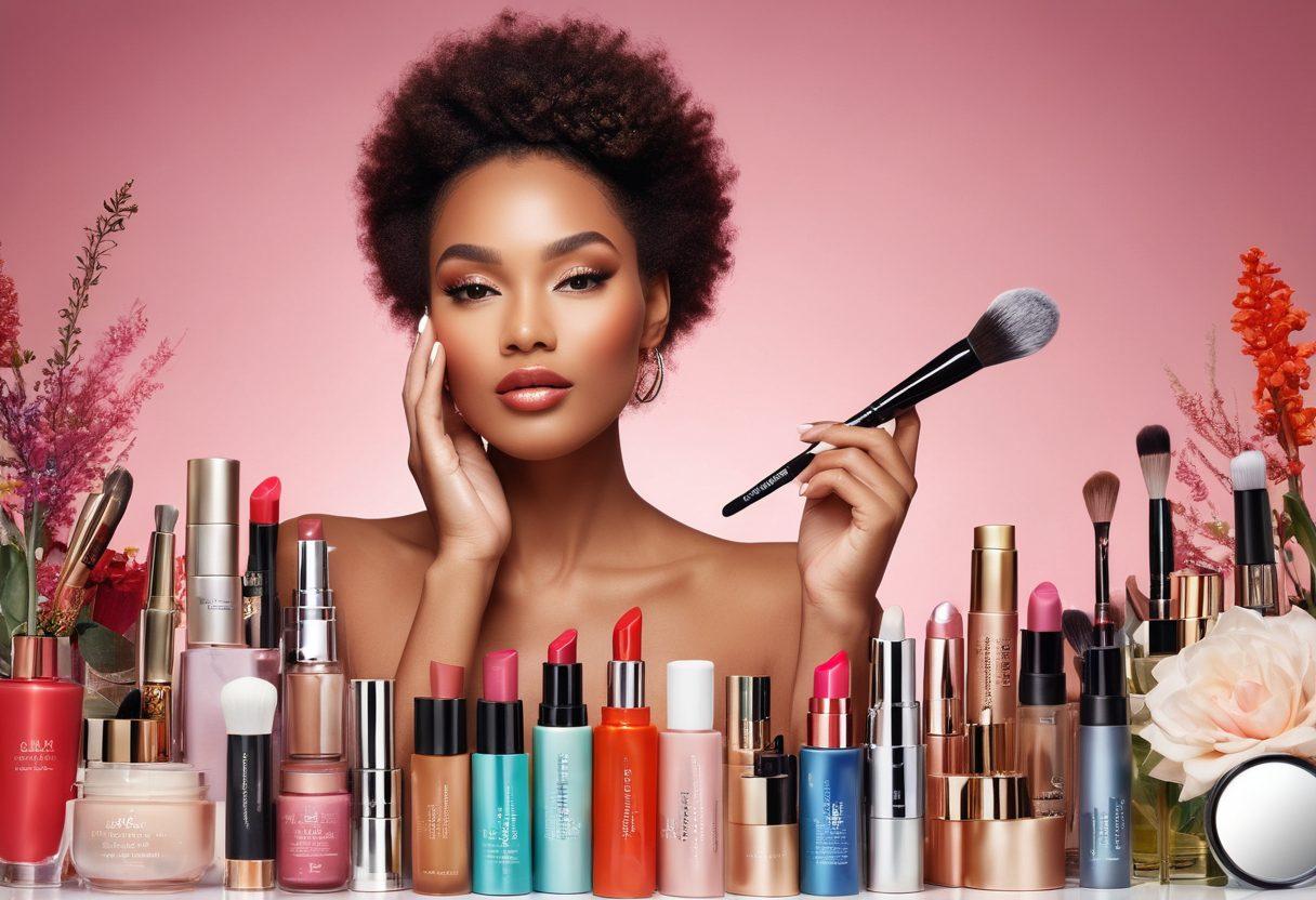 A glamorous woman with flawless skin and perfect makeup, surrounded by beauty products like serums, lipsticks, and brushes. She is holding a glowing magnifying glass that reveals tiny beauty secrets. The background shows a blend of chic urban settings, nature, and high-fashion elements. super-realistic. vibrant colors. white background.