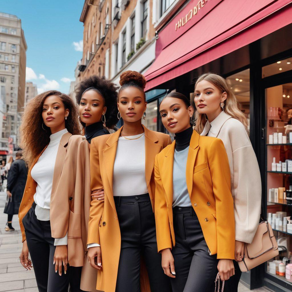A stylish, diverse group of people showcasing the latest fashion trends, from chic streetwear to elegant office attire. They are surrounded by beauty products like makeup and skincare, while exuding confidence and flair. The background features a modern cityscape with stylish boutiques and cafes. Vibrant and energetic atmosphere. Vector art. Vibrant colors.